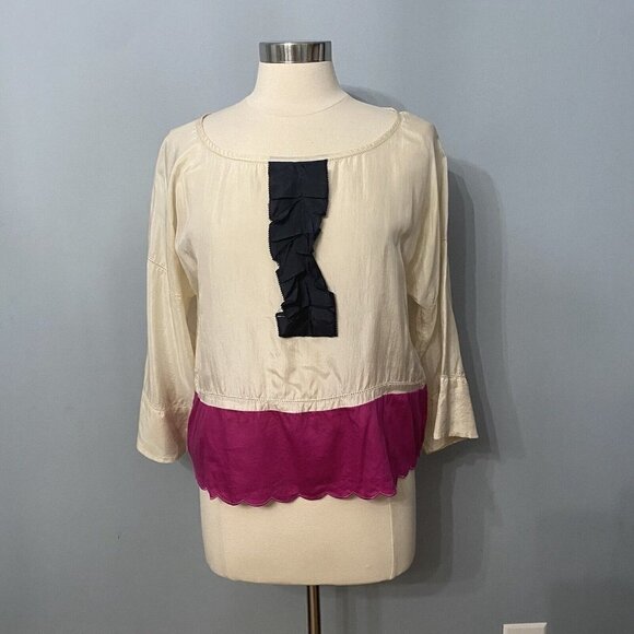 See By Chloe Silk Blend Blouse Scalloped Hem Size 6 Color Block - Picture 2 of 8